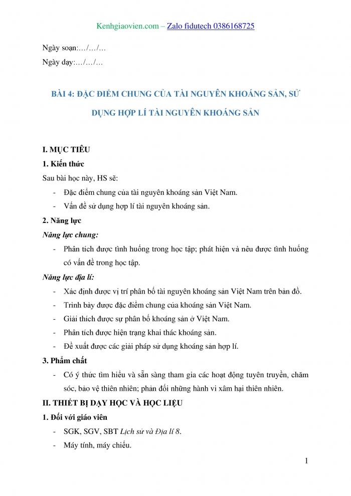 Giáo án và PPT Địa lí 8 chân trời Bài 4: Đặc điểm chung của tài nguyên khoáng sản, sử dụng hợp lí tài nguyên khoáng sản