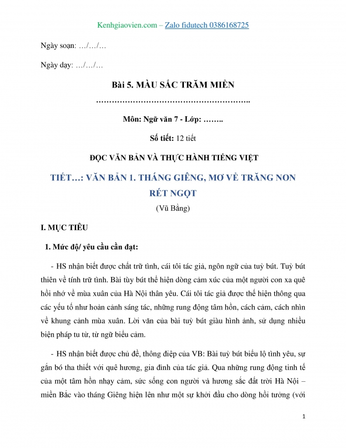 Giáo án và PPT Ngữ văn 7 kết nối Bài 5: Tháng Giêng, mơ về trăng non rét ngọt (trích, Vũ Bằng)