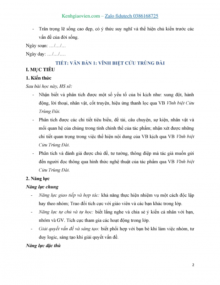 Giáo án và PPT Ngữ văn 11 chân trời Bài 5: Vĩnh biệt Cửu Trùng Đài (Trích Vũ Như Tô – Nguyễn Huy Tưởng)