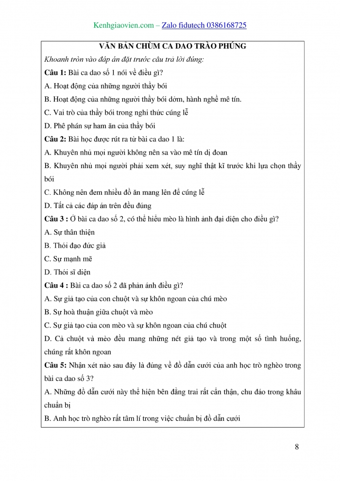 Giáo án và PPT Ngữ văn 8 kết nối Bài 5: Chùm ca dao trào phúng