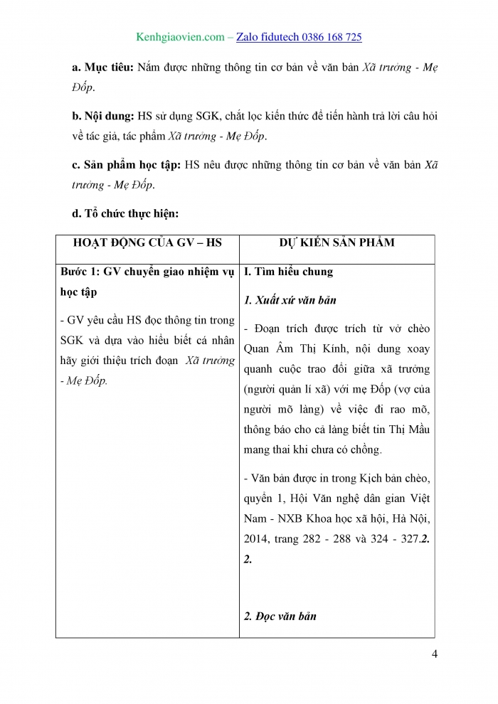 Giáo án và PPT Ngữ văn 10 chân trời Bài 5: Xã trưởng – Mẹ Đốp (chèo cổ)