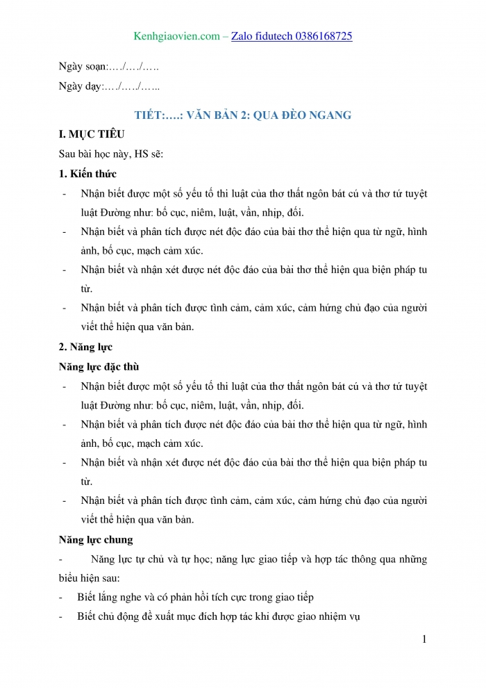 Giáo án và PPT Ngữ văn 8 chân trời Bài 6: Qua Đèo Ngang (Bà Huyện Thanh Quan)
