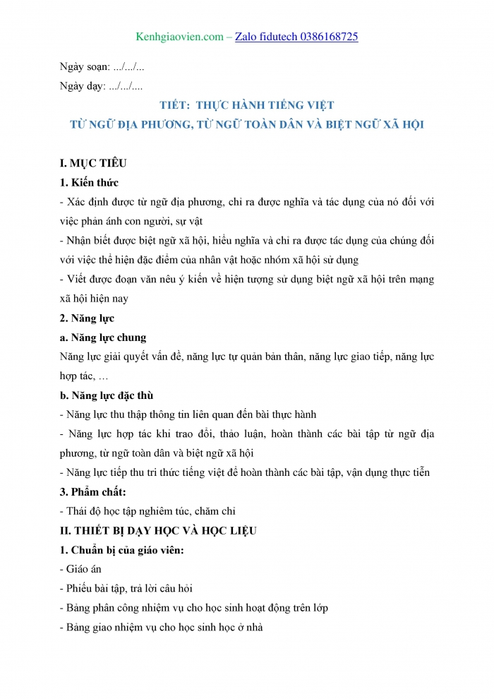 Giáo án và PPT Ngữ văn 8 cánh diều Bài 6: Từ ngữ toàn dân, từ ngữ địa phương và biệt ngữ xã hội