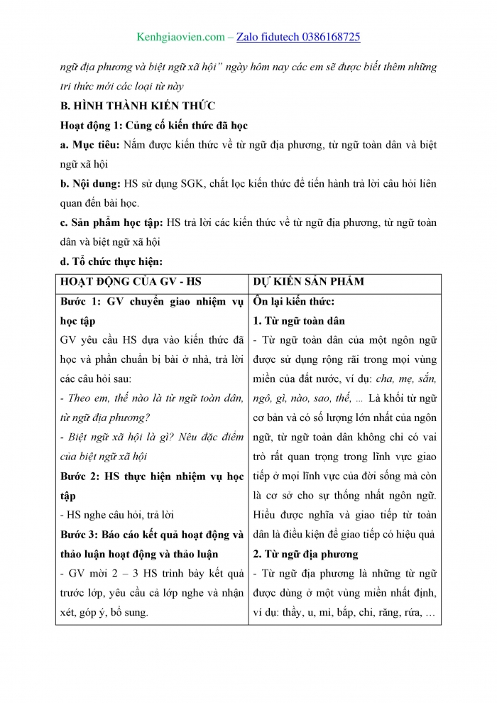 Giáo án và PPT Ngữ văn 8 cánh diều Bài 6: Từ ngữ toàn dân, từ ngữ địa phương và biệt ngữ xã hội