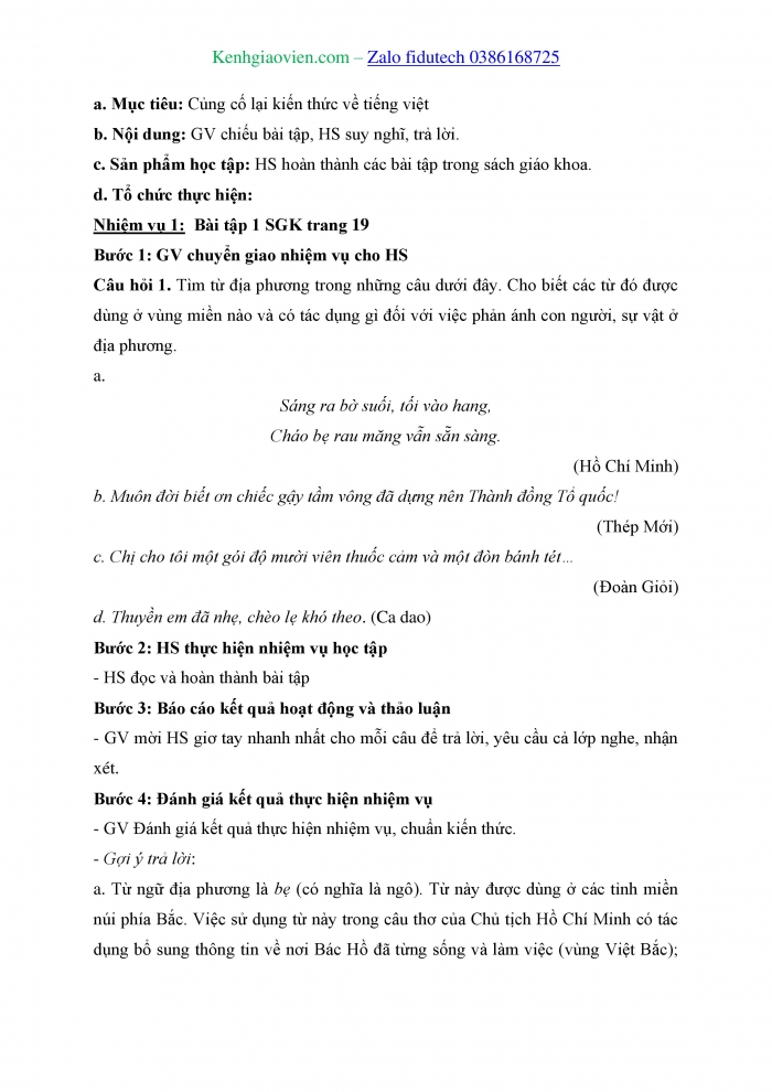 Giáo án và PPT Ngữ văn 8 cánh diều Bài 6: Từ ngữ toàn dân, từ ngữ địa phương và biệt ngữ xã hội