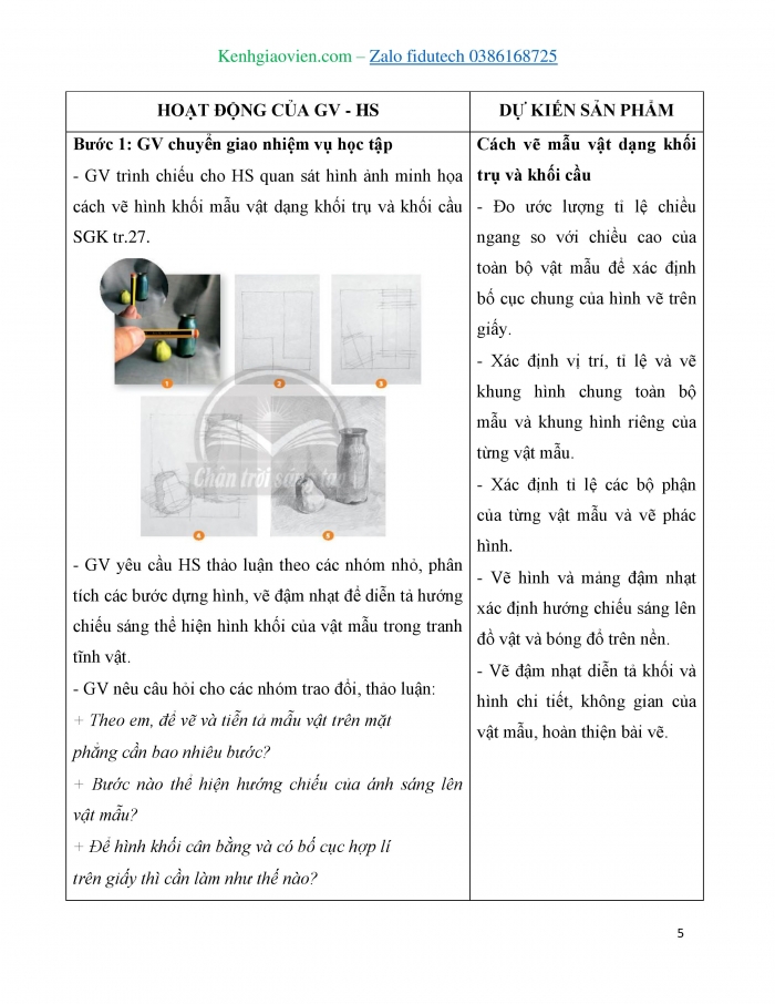 Giáo án và PPT Mĩ thuật 7 chân trời bản 1 Bài 6: Mẫu vật dạng khối trụ, khối cầu