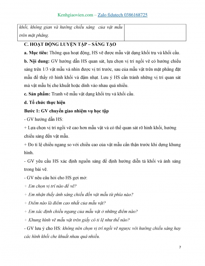 Giáo án và PPT Mĩ thuật 7 chân trời bản 1 Bài 6: Mẫu vật dạng khối trụ, khối cầu