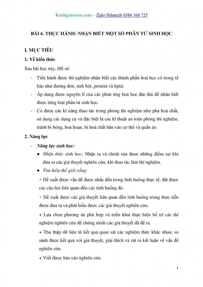 Giáo án và PPT Sinh học 10 kết nối Bài 6: Thực hành Nhận biết một số phân tử sinh học