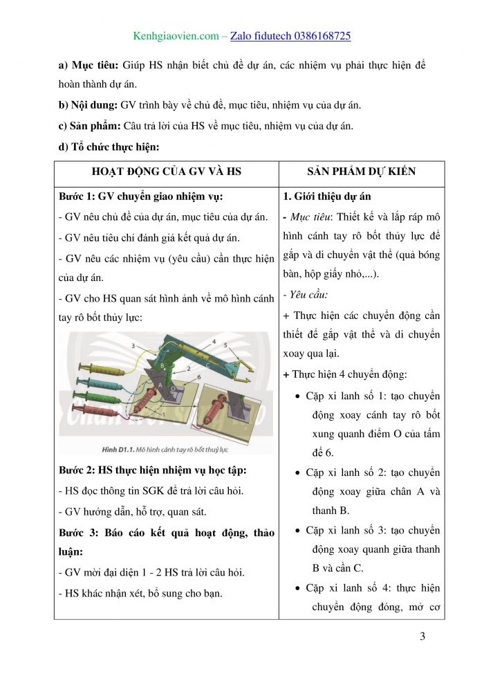 Giáo án và PPT Công nghệ 8 chân trời Dự án 1: Thiết kế và lắp ráp mô hình cánh tay rô bốt thuỷ lực