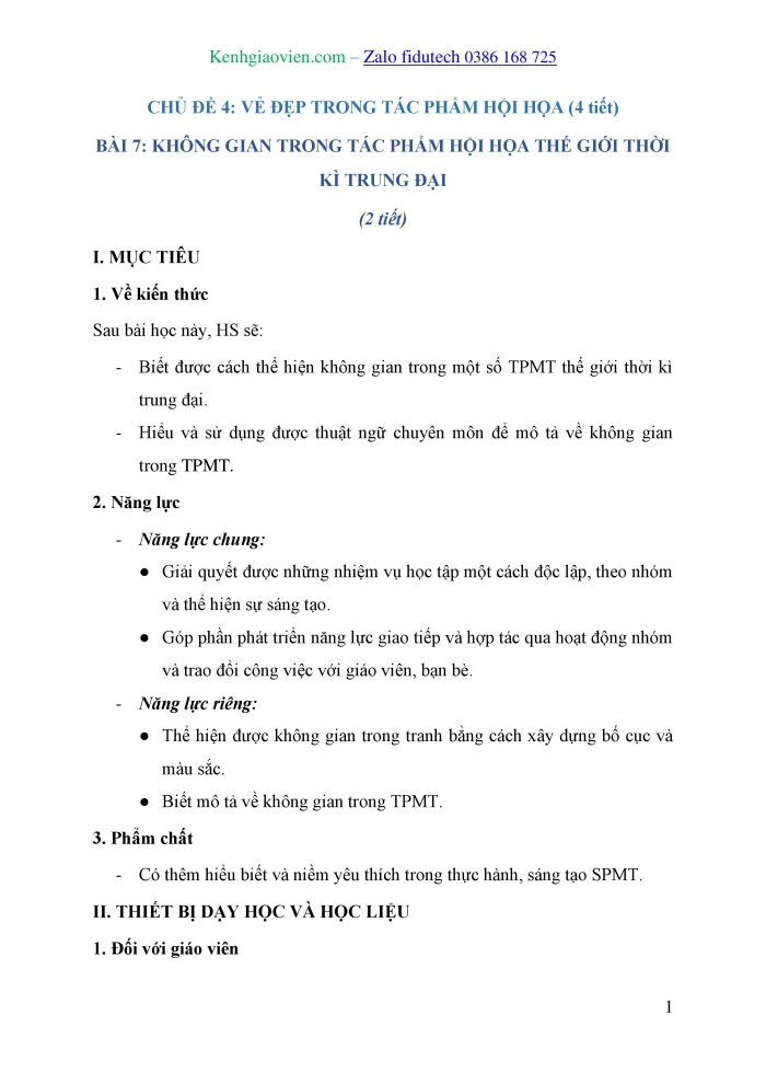 Giáo án và PPT Mĩ thuật 7 kết nối Bài 7: Không gian trong tác phẩm hội hoạ thế giới thời kì trung đại