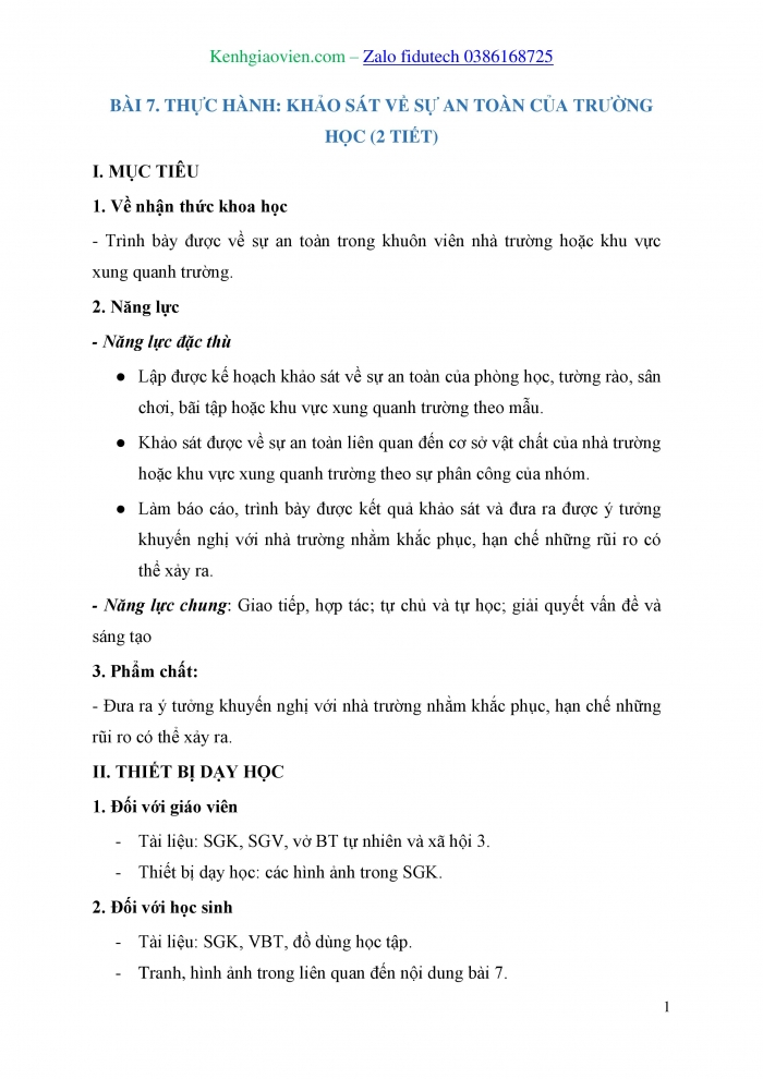 Giáo án và PPT Tự nhiên và Xã hội 3 cánh diều Bài 7: Thực hành Khảo sát về sự an toàn của trường học