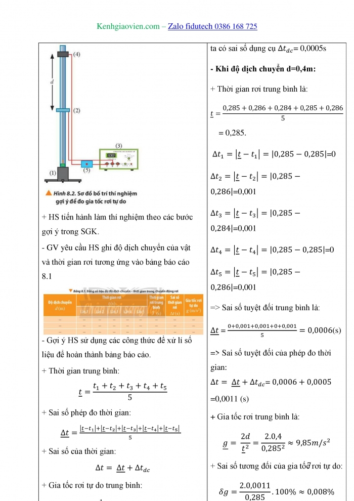 Giáo án và PPT Vật lí 10 chân trời Bài 8: Thực hành đo gia tốc rơi tự do