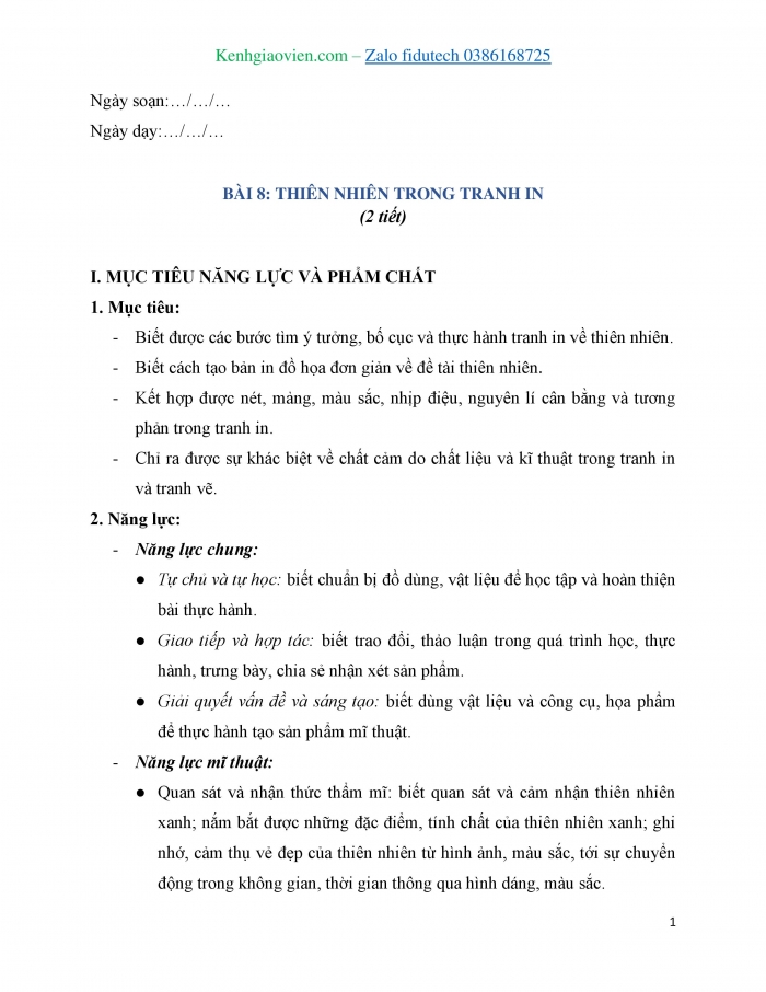 Giáo án và PPT Mĩ thuật 7 chân trời bản 2 Bài 8: Thiên nhiên trong tranh in