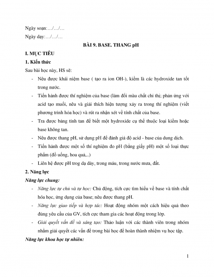 Giáo án và PPT KHTN 8 kết nối Bài 9: Base. Thang pH