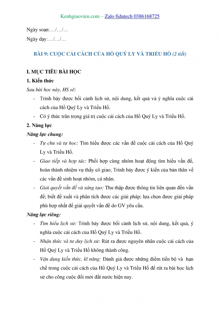 Giáo án và PPT Lịch sử 11 chân trời Bài 9: Cuộc cải cách của Hồ Quý Ly và Triều Hồ