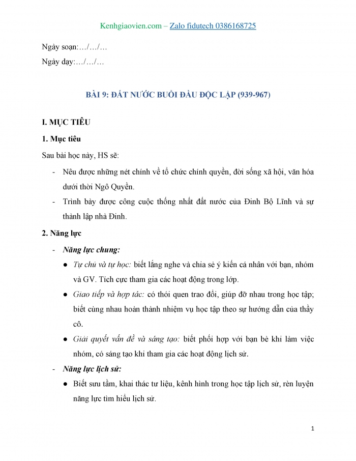 Giáo án và PPT Lịch sử 7 kết nối Bài 9: Đất nước buổi đầu độc lập (939 – 967)