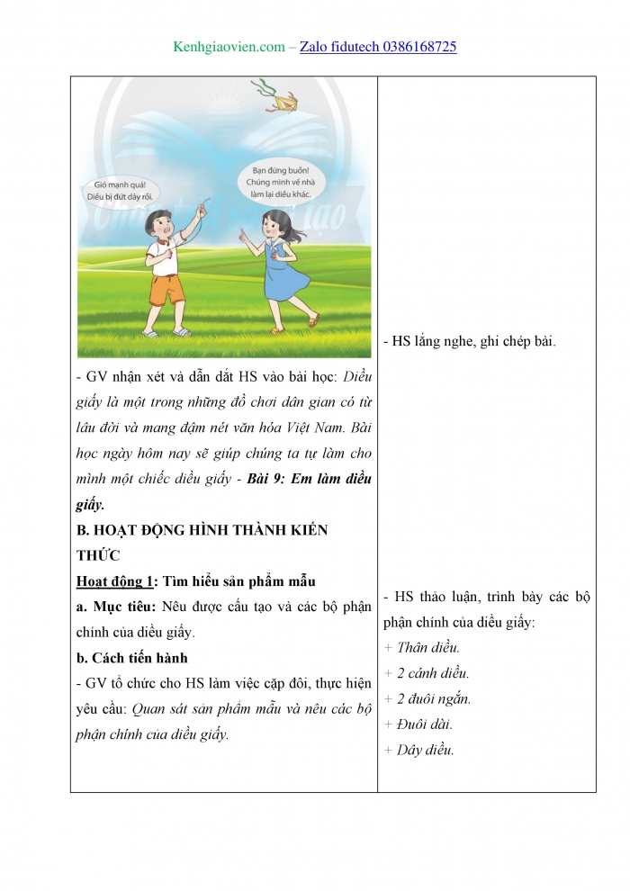 Giáo án và PPT Công nghệ 4 chân trời Bài 9: Em làm diều giấy