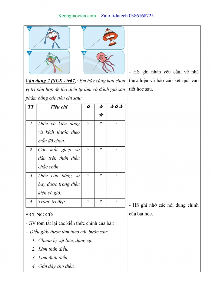 Giáo án và PPT Công nghệ 4 chân trời Bài 9: Em làm diều giấy