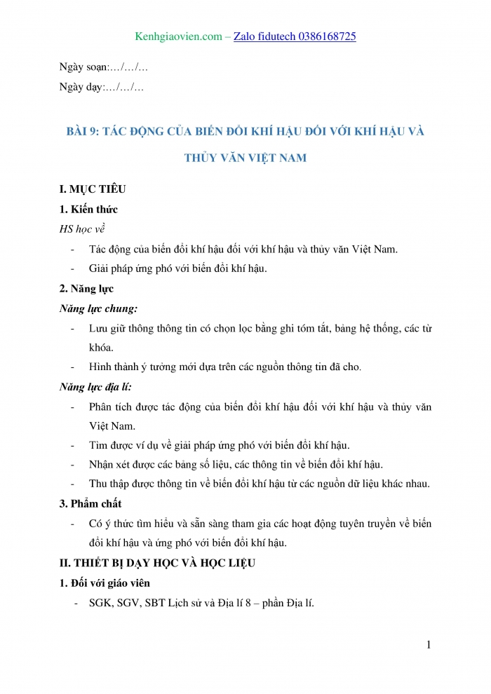 Giáo án và PPT Địa lí 8 chân trời Bài 9: Tác động của biến đổi khí hậu đối với khí hậu và thuỷ văn Việt Nam