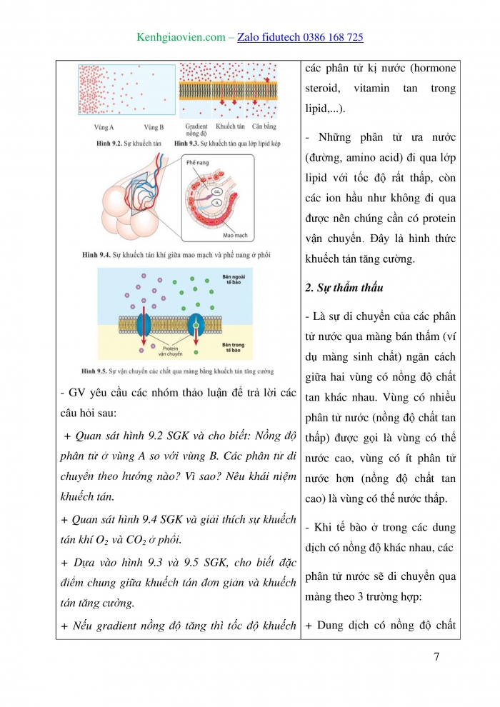 Giáo án và PPT Sinh học 10 cánh diều Bài 9: Trao đổi chất qua màng sinh chất