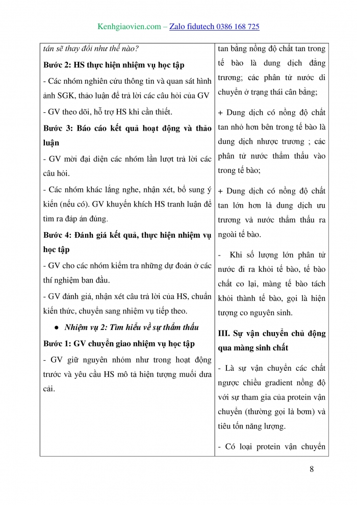 Giáo án và PPT Sinh học 10 cánh diều Bài 9: Trao đổi chất qua màng sinh chất