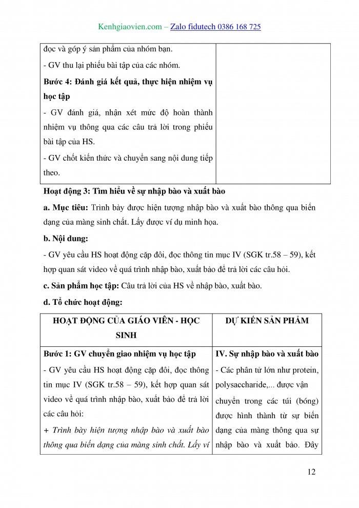 Giáo án và PPT Sinh học 10 cánh diều Bài 9: Trao đổi chất qua màng sinh chất