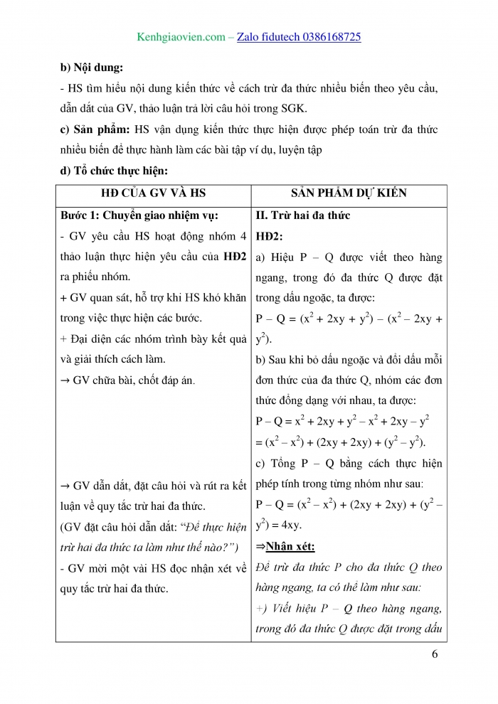 Giáo án và PPT Toán 8 cánh diều Bài 2: Các phép tính với đa thức nhiều biến