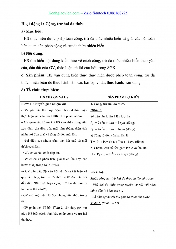 Giáo án và PPT Toán 8 chân trời Bài 2: Các phép toán với đa thức nhiều biến