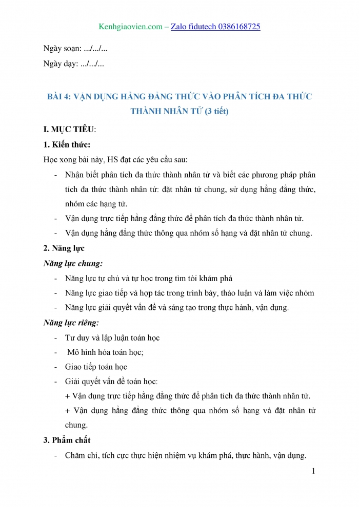 Giáo án và PPT Toán 8 cánh diều Bài 4: Vận dụng hằng đẳng thức vào phân tích đa thức thành nhân tử