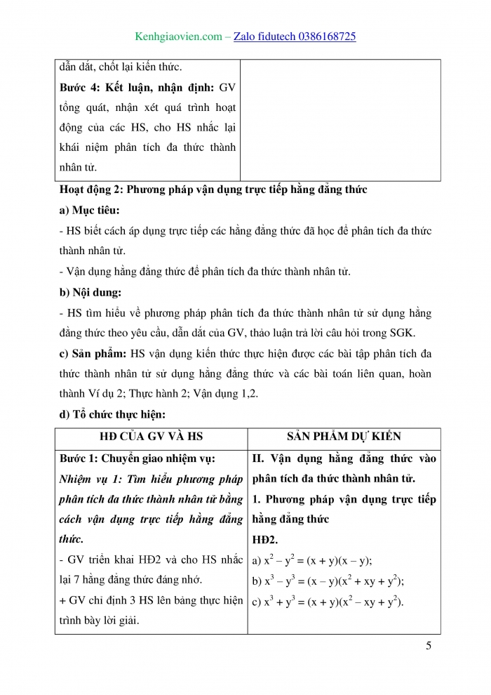 Giáo án và PPT Toán 8 cánh diều Bài 4: Vận dụng hằng đẳng thức vào phân tích đa thức thành nhân tử