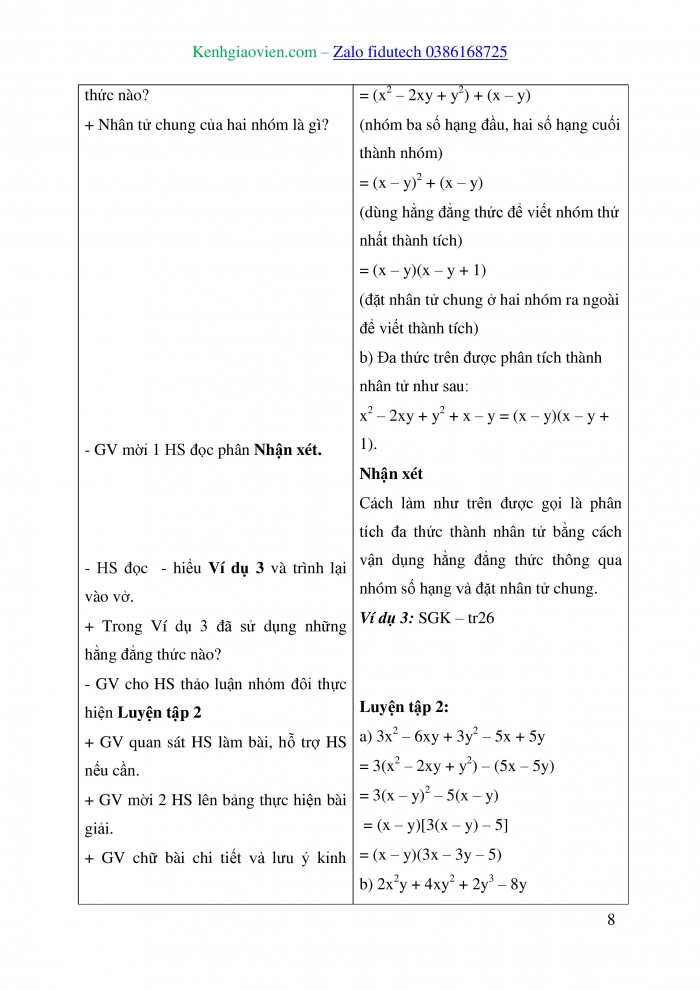 Giáo án và PPT Toán 8 cánh diều Bài 4: Vận dụng hằng đẳng thức vào phân tích đa thức thành nhân tử