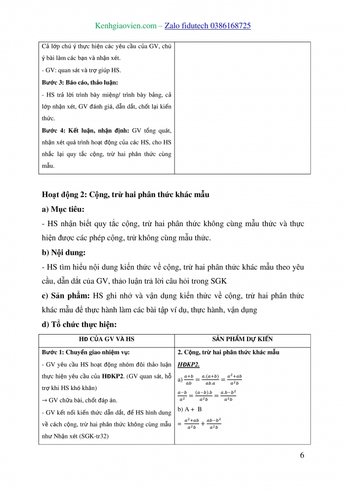 Giáo án và PPT Toán 8 chân trời Bài 6: Cộng, trừ phân thức