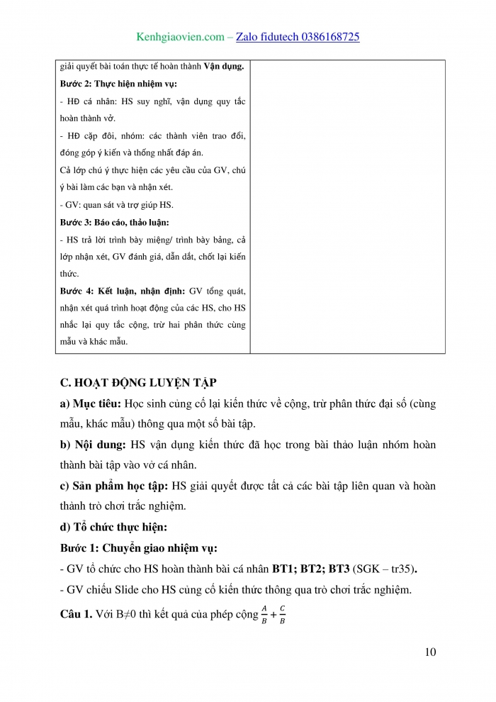 Giáo án và PPT Toán 8 chân trời Bài 6: Cộng, trừ phân thức