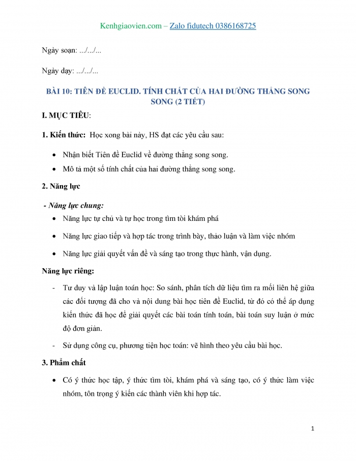 Giáo án và PPT Toán 7 kết nối Bài 10: Tiên đề Euclid. Tính chất của hai đường thẳng song song