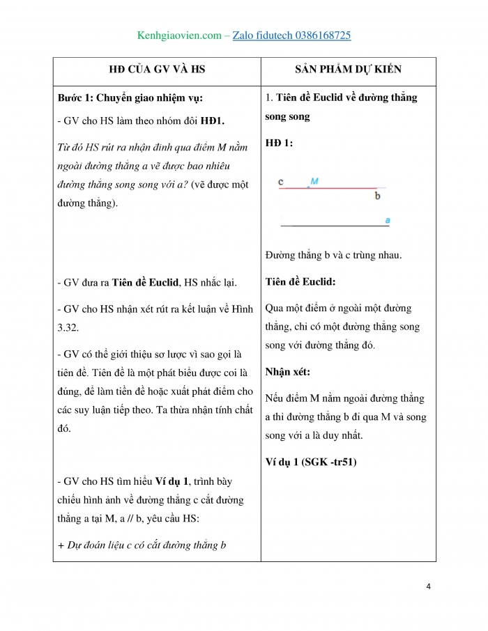 Giáo án và PPT Toán 7 kết nối Bài 10: Tiên đề Euclid. Tính chất của hai đường thẳng song song