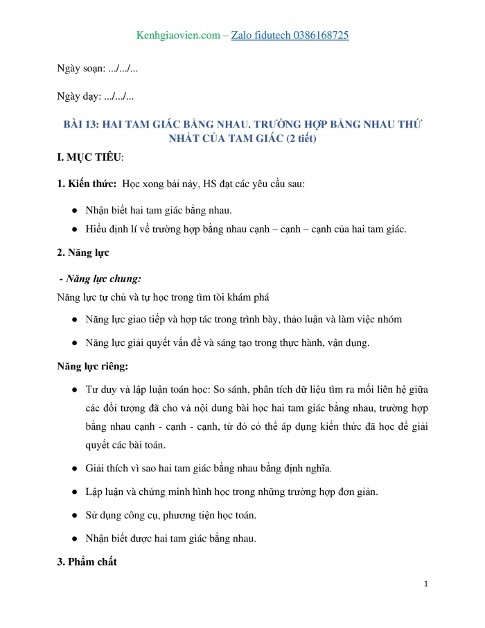 Giáo án và PPT Toán 7 kết nối Bài 13: Hai tam giác bằng nhau. Trường hợp bằng nhau thứ nhất của tam giác