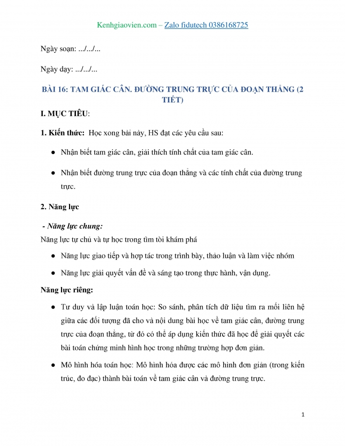 Giáo án và PPT Toán 7 kết nối Bài 16: Tam giác cân. Đường trung trực của đoạn thẳng