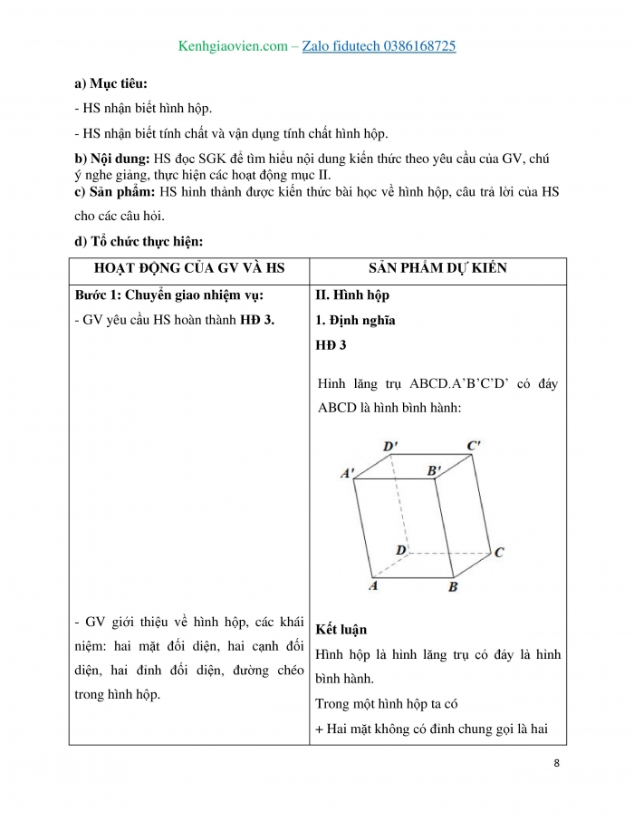 Giáo án và PPT Toán 11 cánh diều Bài 5: Hình lăng trụ và hình hộp