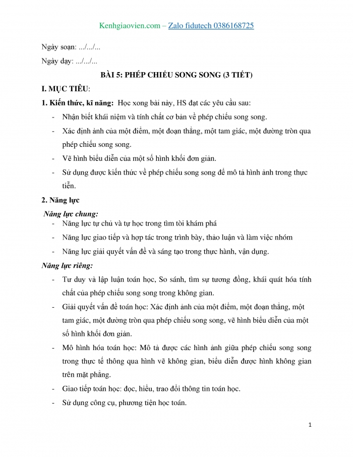 Giáo án và PPT Toán 11 chân trời Bài 5: Phép chiếu song song