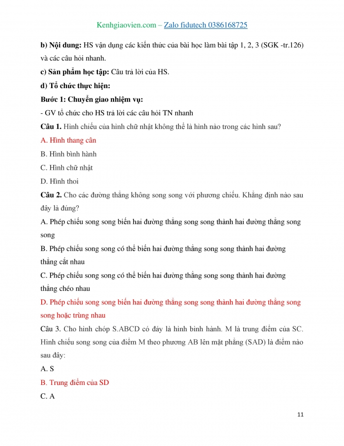 Giáo án và PPT Toán 11 chân trời Bài 5: Phép chiếu song song