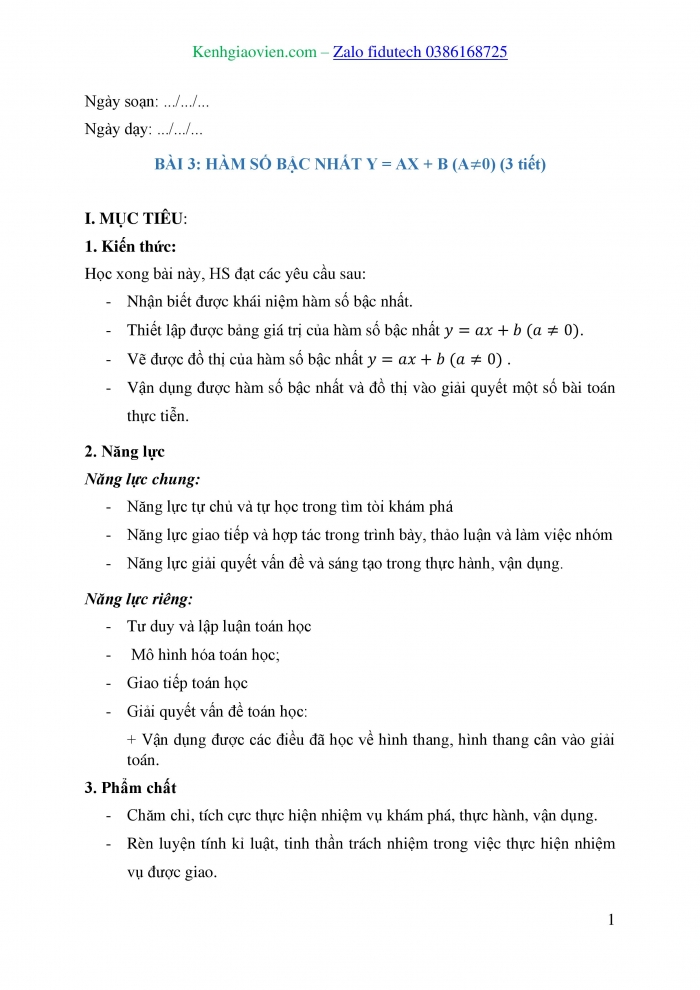 Giáo án và PPT Toán 8 chân trời Bài 3: Hàm số bậc nhất y = ax + b (a ≠ 0)