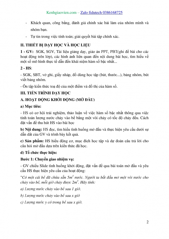 Giáo án và PPT Toán 8 chân trời Bài 3: Hàm số bậc nhất y = ax + b (a ≠ 0)