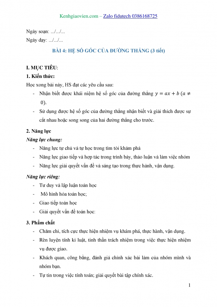 Giáo án và PPT Toán 8 chân trời Bài 4: Hệ số góc của đường thẳng