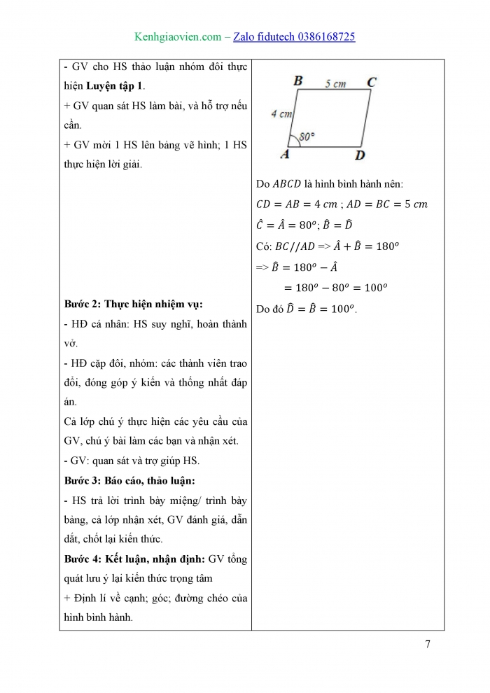 Giáo án và PPT Toán 8 cánh diều Bài 4: Hình bình hành