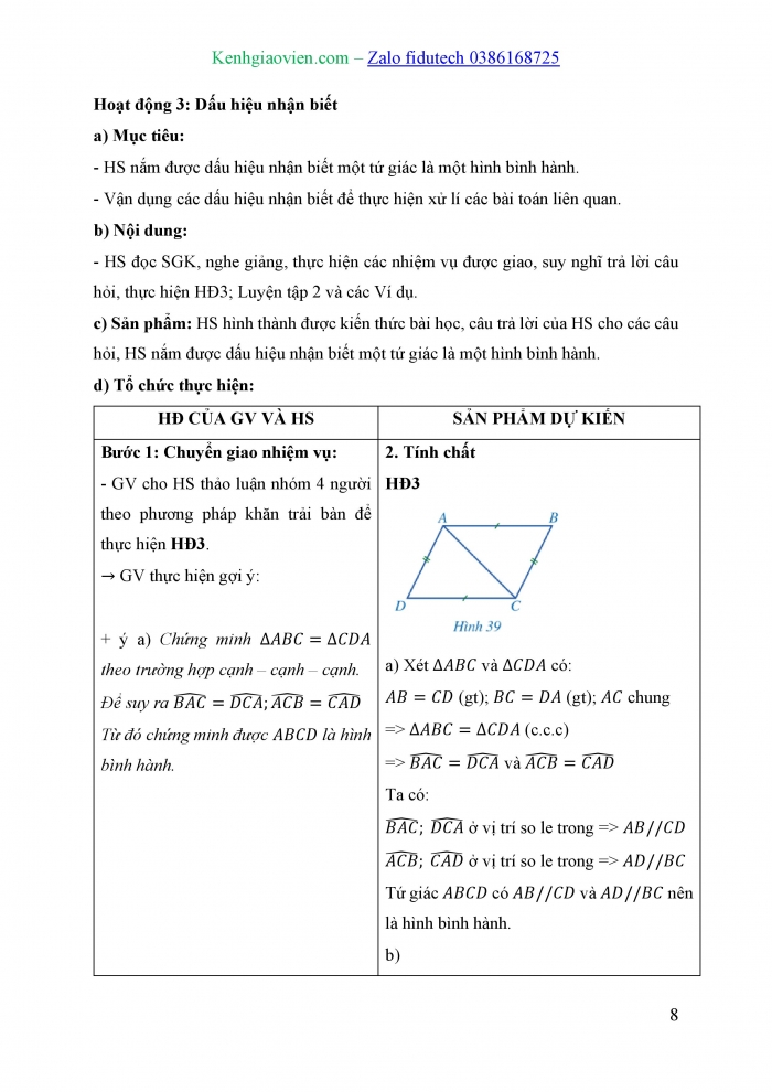 Giáo án và PPT Toán 8 cánh diều Bài 4: Hình bình hành