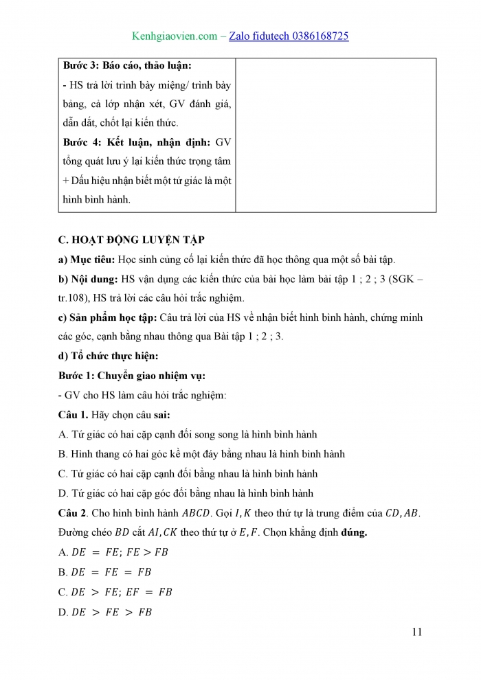 Giáo án và PPT Toán 8 cánh diều Bài 4: Hình bình hành