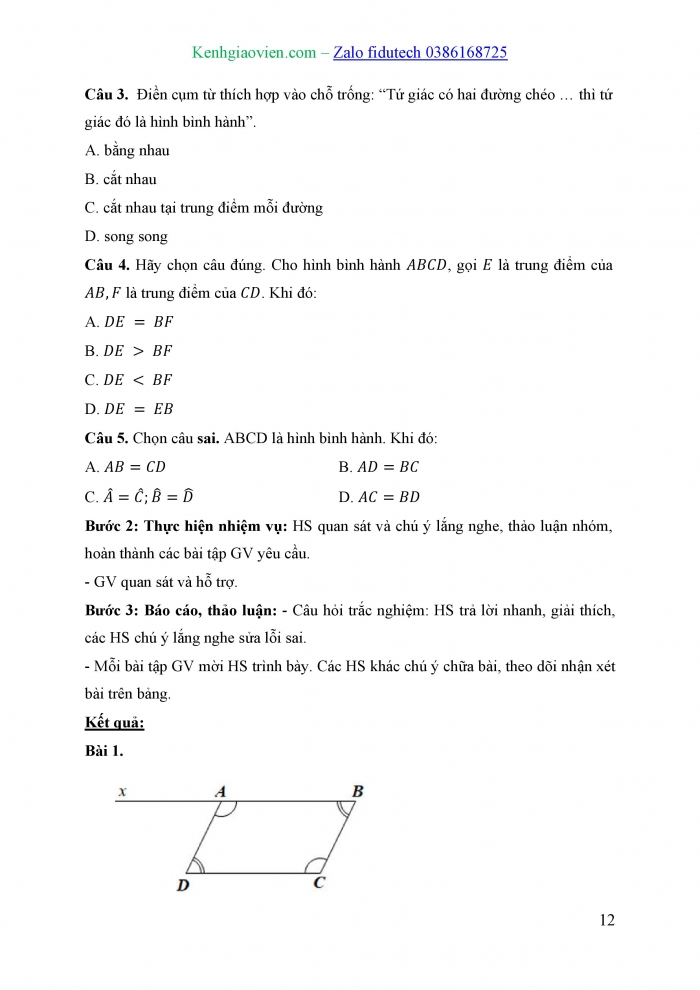 Giáo án và PPT Toán 8 cánh diều Bài 4: Hình bình hành