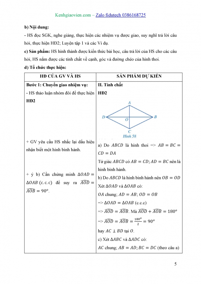 Giáo án và PPT Toán 8 cánh diều Bài 6: Hình thoi