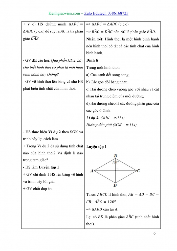 Giáo án và PPT Toán 8 cánh diều Bài 6: Hình thoi