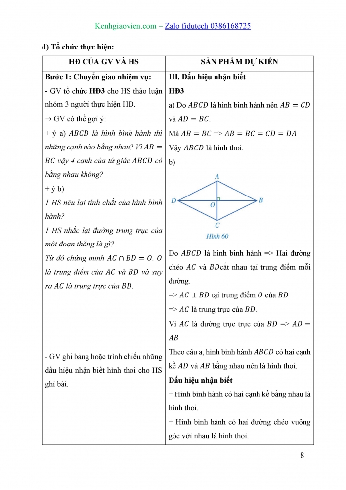 Giáo án và PPT Toán 8 cánh diều Bài 6: Hình thoi